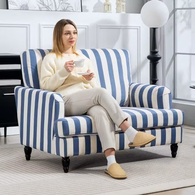 HOMCOM Blue and White Striped Velvet Cuddle Chair with Armrests
