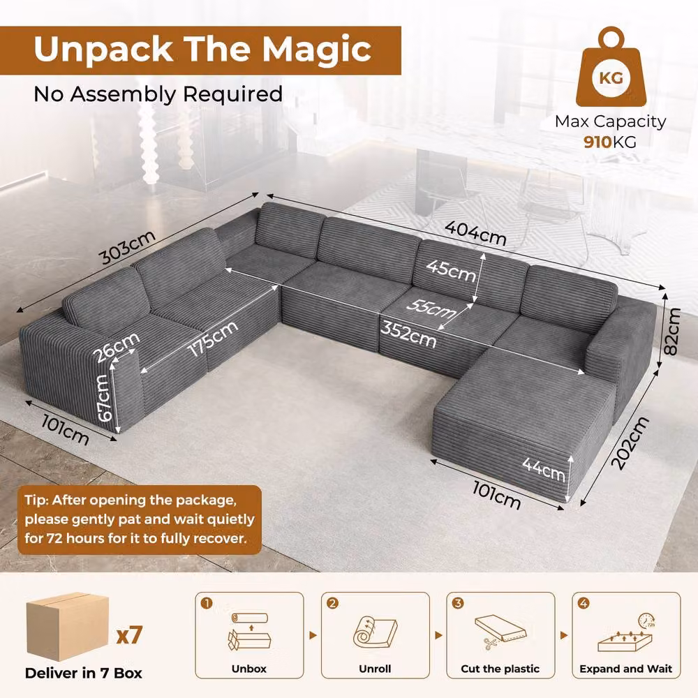 Dprodo Grey Corduroy 6-Seater Modular L-Shape Corner Sofa with Matching Ottoman – 2