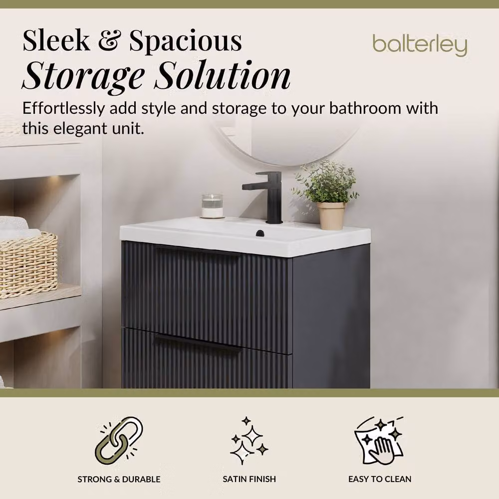 Balterley Fluted Front Wall Hung 2 Drawer Vanity Basin Unit, Matt Dark Grey, W: 60 cm, D: 54 cm, H: 60 cm – 2
