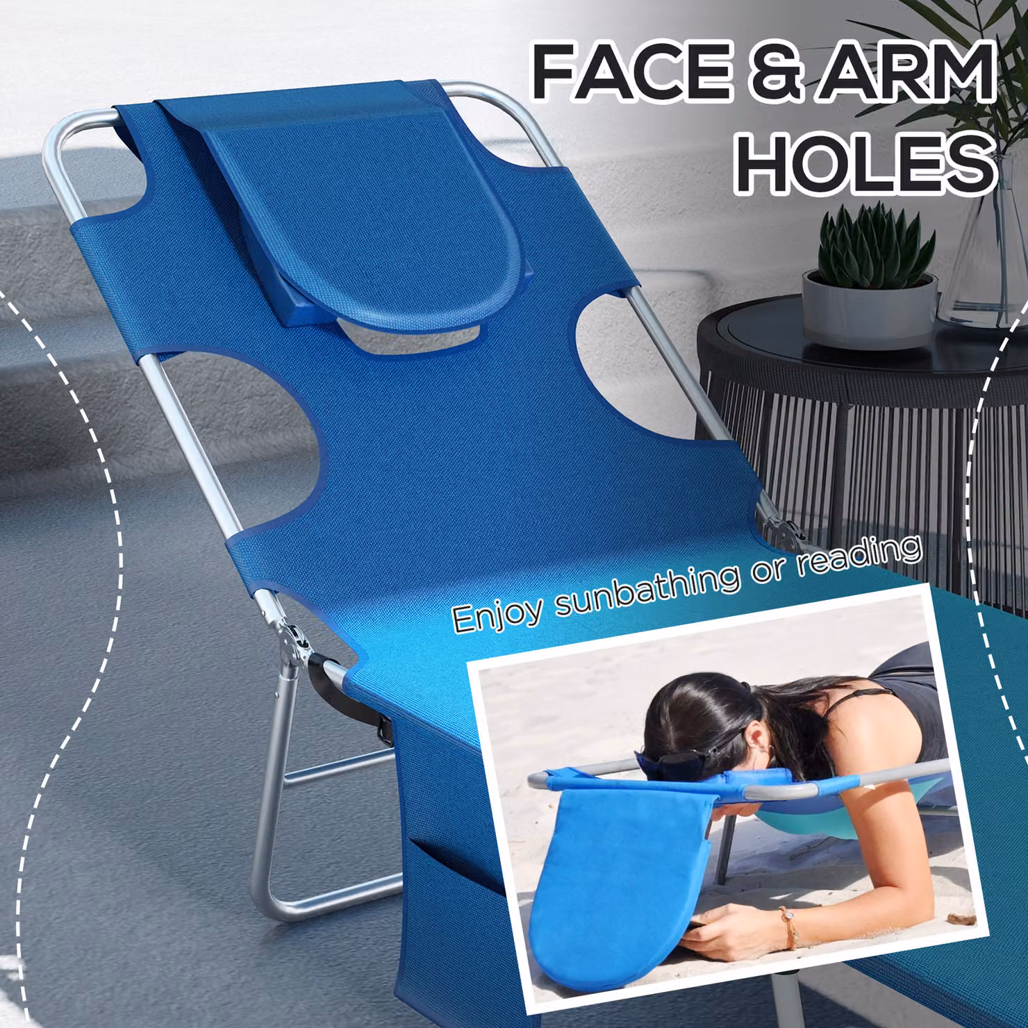 Outsunny Set of 2 Foldable Sun Loungers in Blue with 5-Level Adjustable Backrest and Reading Hole – 4