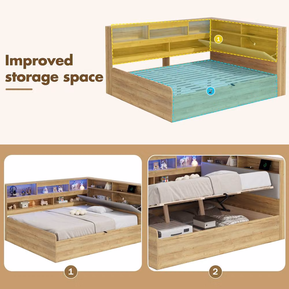 ModernLuxe Kids Wooden Daybed with Hydraulic Storage and LED Headboard in Natural, W/D/H: 90 x 200 cm – 6
