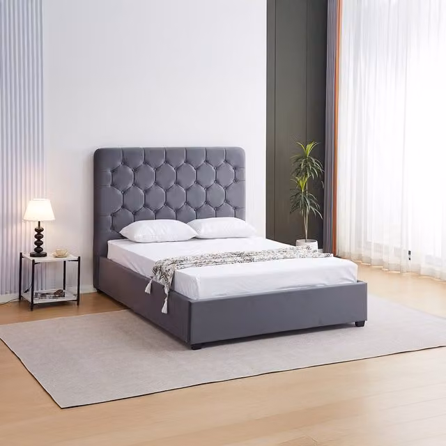 Seconique Madison Double Bed in Grey Velvet, W/D/H: 140 x 200 x 137.16 cm