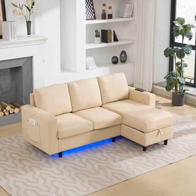 Merax Reversible L-Shape Corner Sofa in Beige with LED Lighting and USB Charging