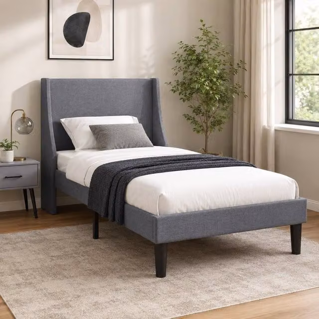 STILVORA Grey Upholstered Single Bed with Wingback Headboard W/D/H: 90 x 190 x 97 cm – 1
