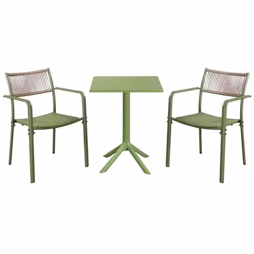 Core Products 3-Piece Bistro Garden Set with Two Rope-Back Armchairs and Square Plastic Table in White and Green