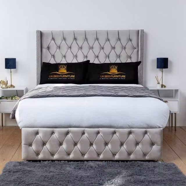 UK Bed Furniture Jasmine Wingback Divan Bed Base with 54 Inch Headboard in Silver Velvet, King Size, W/D/H: 180 x 200 cm