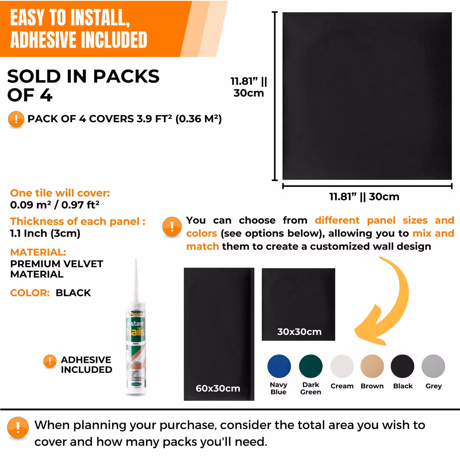 Novecrafto Set of 4 Soft Velvet Upholstered Wall Panels with Adhesive, Black, W/D/H: 30 x 30 x 3 cm – 3