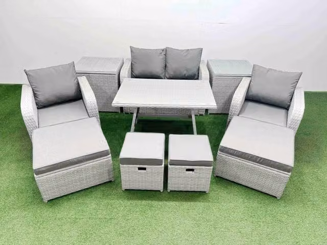 Fimous 8-Seater Patio Rectangular Table Sofa Set with 2 Side Tables and 4 Stools in Light Grey