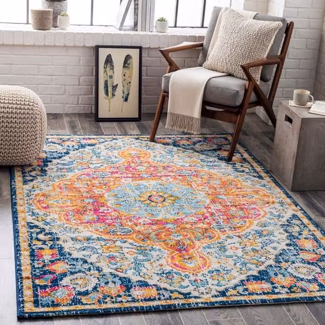 Livabliss Floransa Traditional Boho Living Room Rug in Orange, Blue, Pink and Cream, W: 160 cm, D: 215 cm