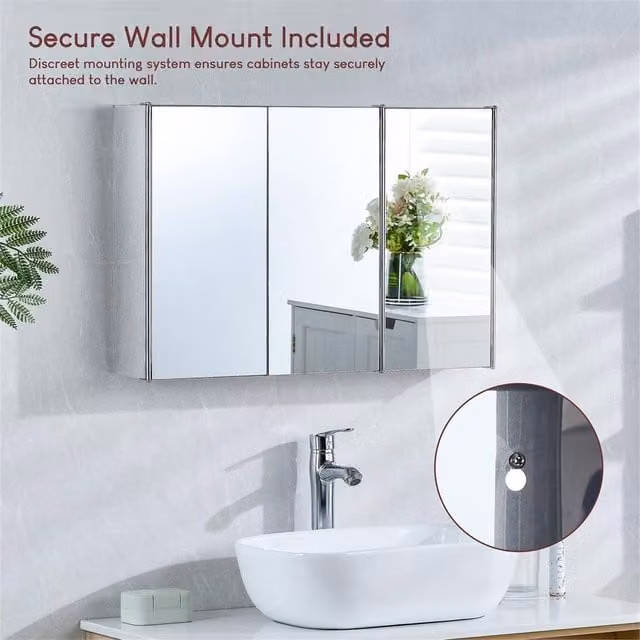 FORGEVIO Modern Silver 3-Door Mirrored Wall-Mounted Bathroom Cabinet – 1