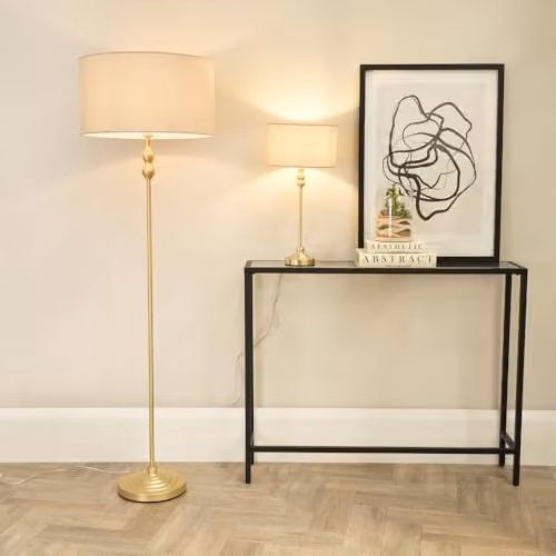 ValueLights Gold Metal Candlestick Floor Lamp with Beige Fabric Drum Shade and LED Bulb – 2
