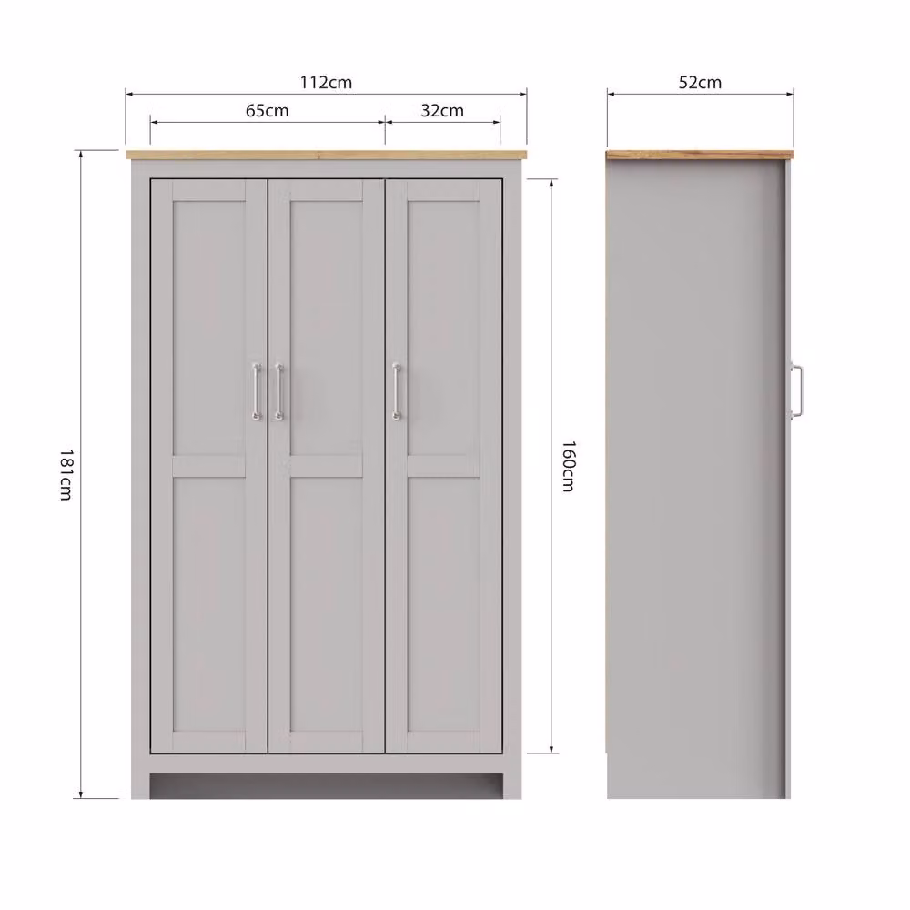 Timber Art Design Lisbon 3 Door Wardrobe in Light Grey with Internal Shelving and Hanging Space, H 181 x W 112 x D 52 cm – 2