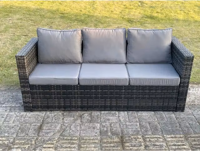 Fimous 3 Seater Polyrattan Garden Lounge Sofa with Grey Upholstered Cushions