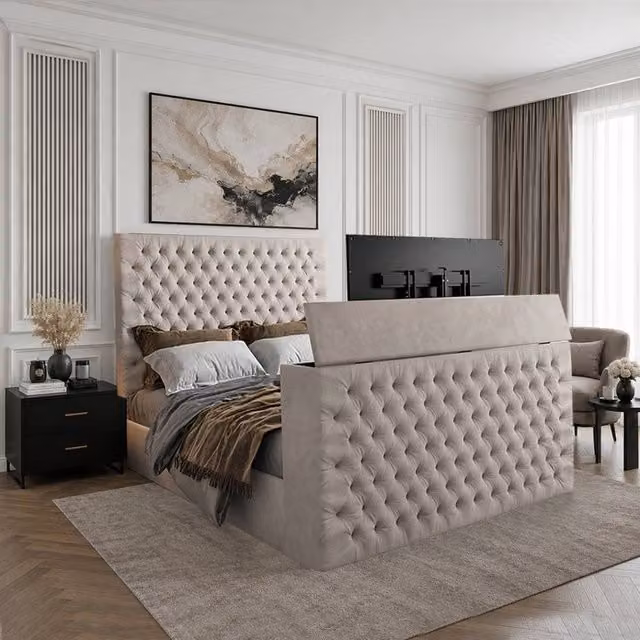 KDMD Ansford Upholstered Soft Velvet TV Bed Frame in Light Sand, Size: Single (W/D/H: 90 x 200 cm) – 1