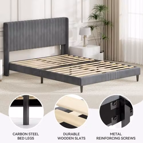 MCC Direct Charlie Velvet Upholstered King Size Bed Frame in Grey, W/D/H: 180 x 200 x 105 cm – 4