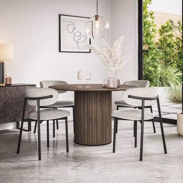 More4Homes Arlo Walnut Round Dining Table and 6 Myla Grey Linen Dining Chairs Set
