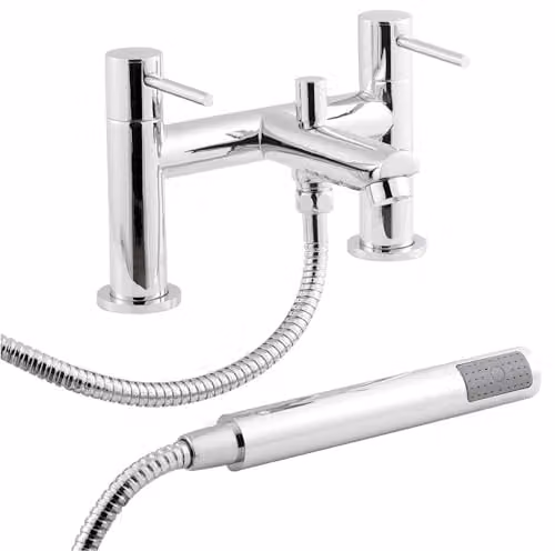 Nuie FJ314 Series Two Modern Round Deck Mounted Bath Filler Tap with Shower Kit and Wall Bracket, Chrome, W: 22.6 cm, D: 14.2 cm, H: 14.6 cm