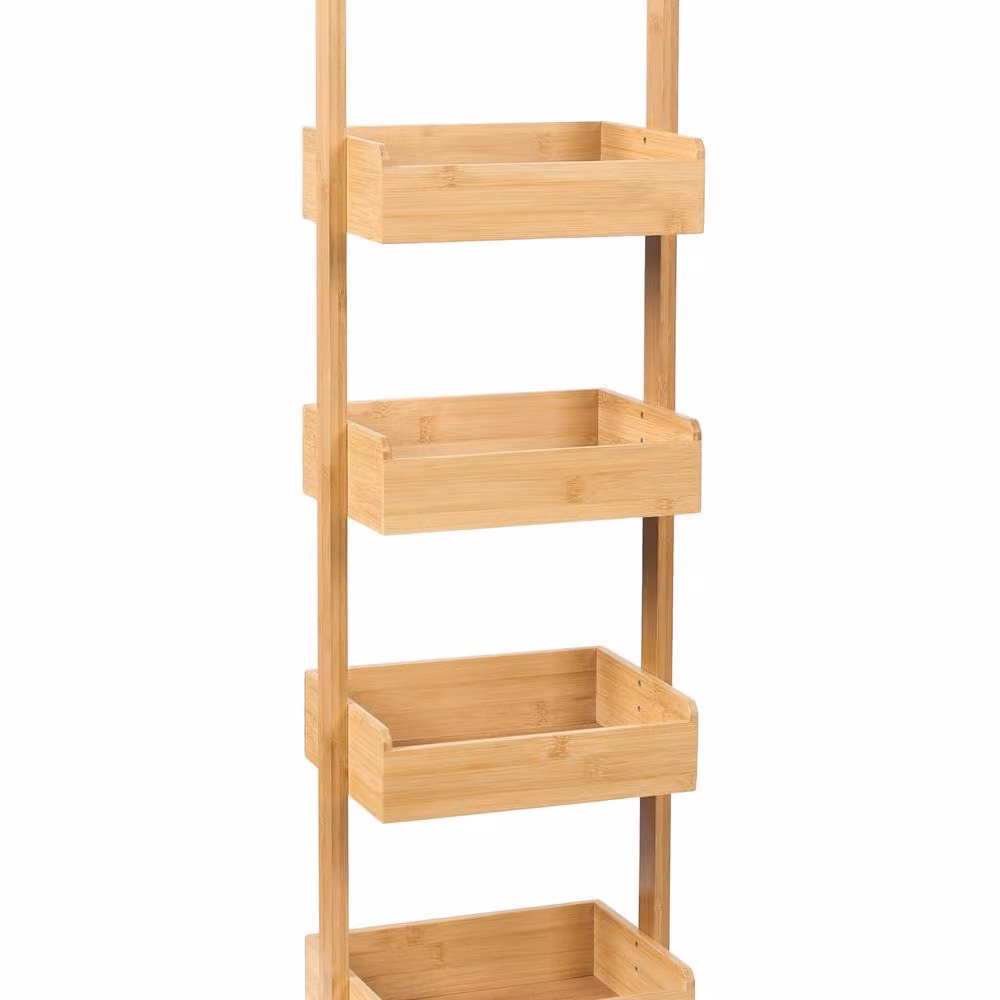 Wyld and Coco 4-Tier Bamboo Bath Shelving Unit with Basket Design in Brown – 2