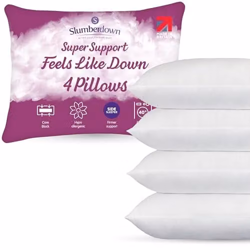 Slumberdown Feels Like Down Pillows 4 Pack, White, Firm Support for Side Sleepers, W/H: 48 x 74 cm