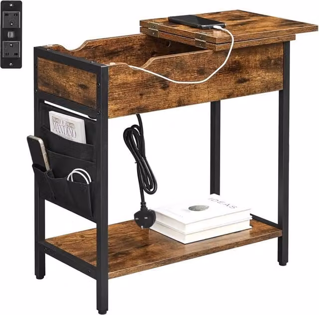 FORGEVIO Slim Narrow Bedside Side Table with Built-In Charging Station in Brown Wood Finish – 1
