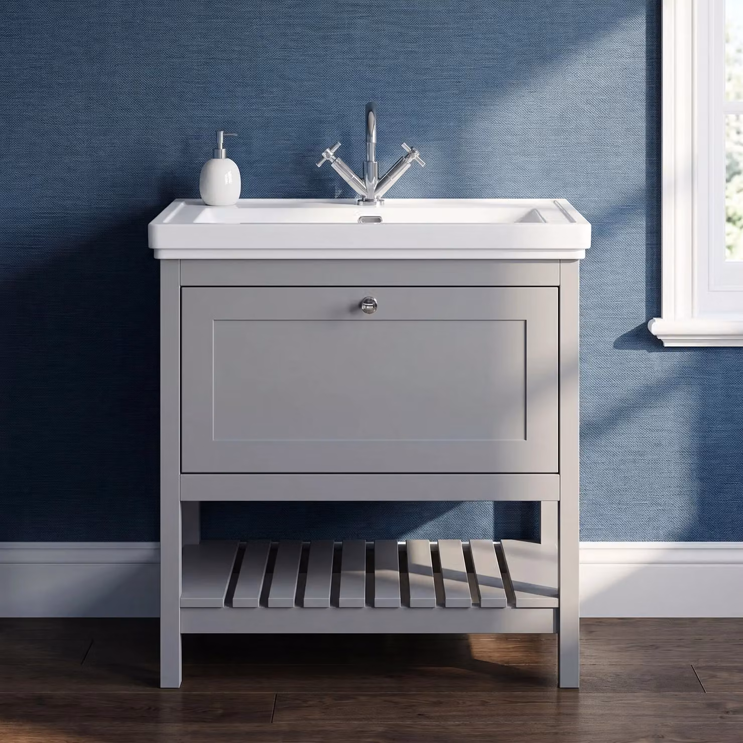Balterley Bathroom Floor Vanity Unit with 1 Drawer and 1 Tap Hole Basin, Cool Grey, Width: 83 cm – 4