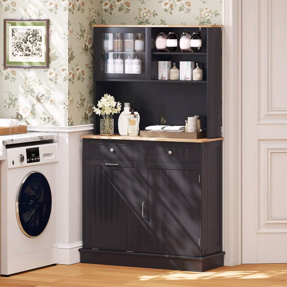 Costway Double Tilt Out Trash Cabinet with Hutch Kitchen Pantry Storage Cabinet in Black – 5