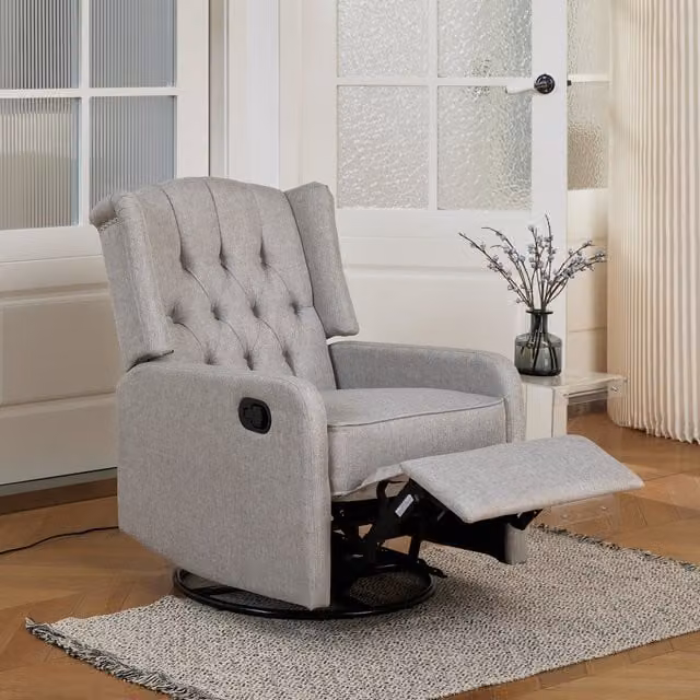 Beckett Grey Fabric Swivel Recliner Armchair with Wing Back Design and Integrated Adjustable Footrest