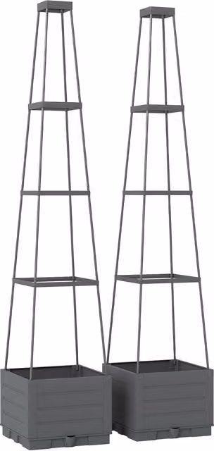 Outsunny 2 Pack Grey Plastic Raised Garden Beds with Trellis and Removable Drainage Trays, W/D/H: 140 x 28 x 40 cm