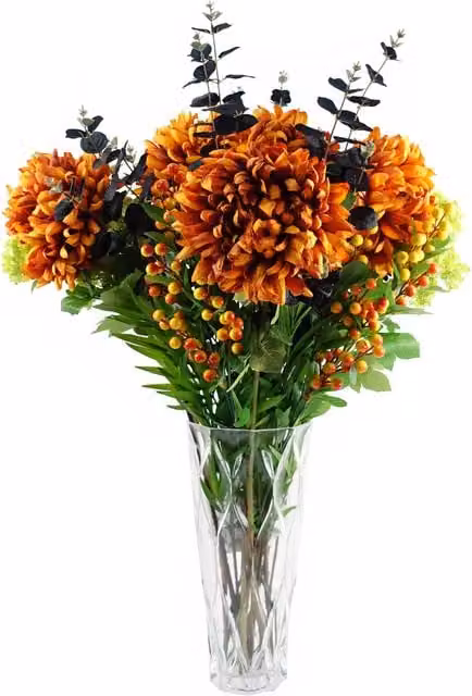 Orange Chrysanthemum Foliage in a Transparent Geometric Glass Vase, W/D/H: 35.0 x 17.0 x 13.0 cm