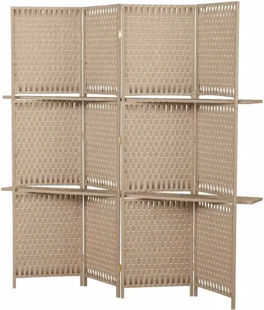 VOGREX Natural 4-Panel Folding Room Divider with Shelves in Beige Wood and Rattan, H 180 cm x W 160 cm