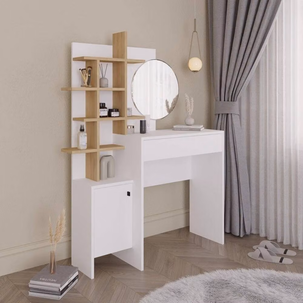 FORGEVIO White Oak Dressing Table Set with Round Mirror, H152 x W113 x D35 cm – 2