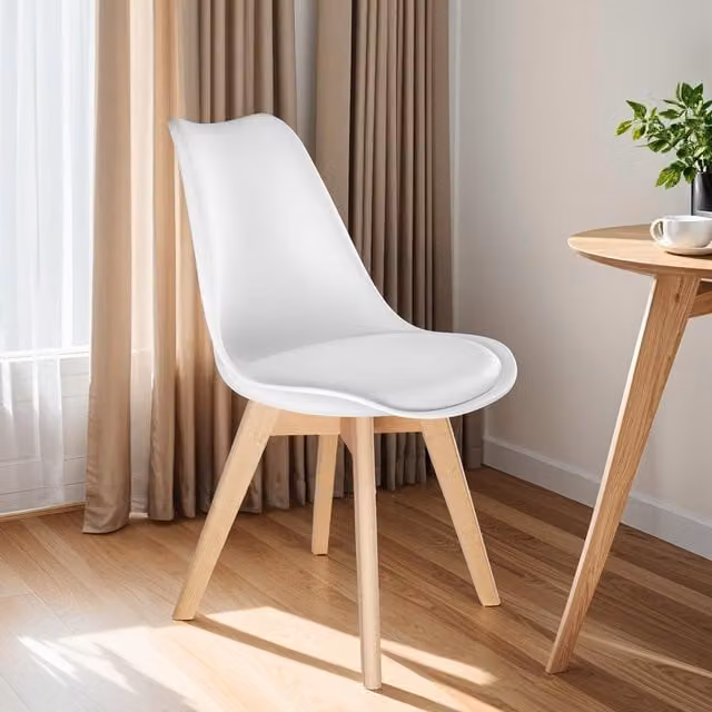 tectake Modern Dining Chair with Padded Fabric Seat and Wooden Legs in White