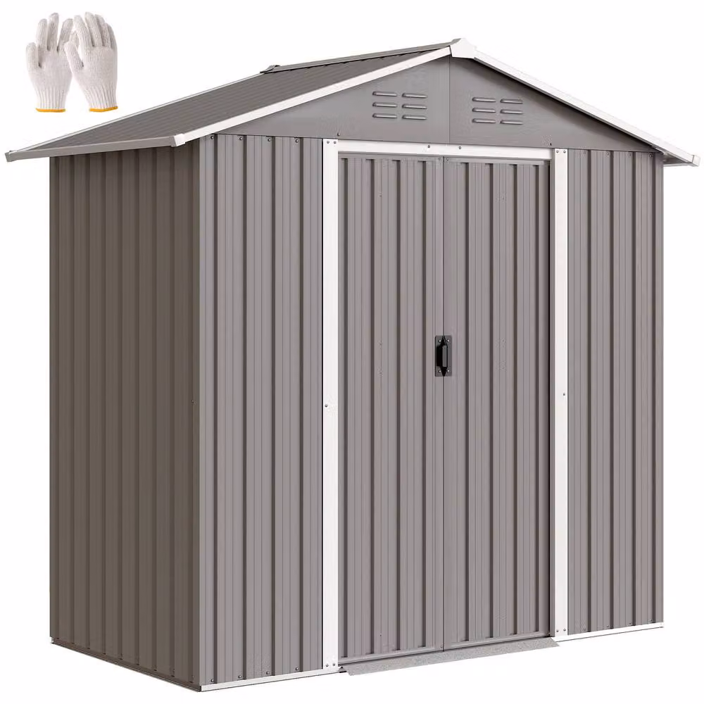 OUTSUNNY Galvanised Steel Metal Garden Shed with Sliding Doors and Side Vent, Light Grey – 2