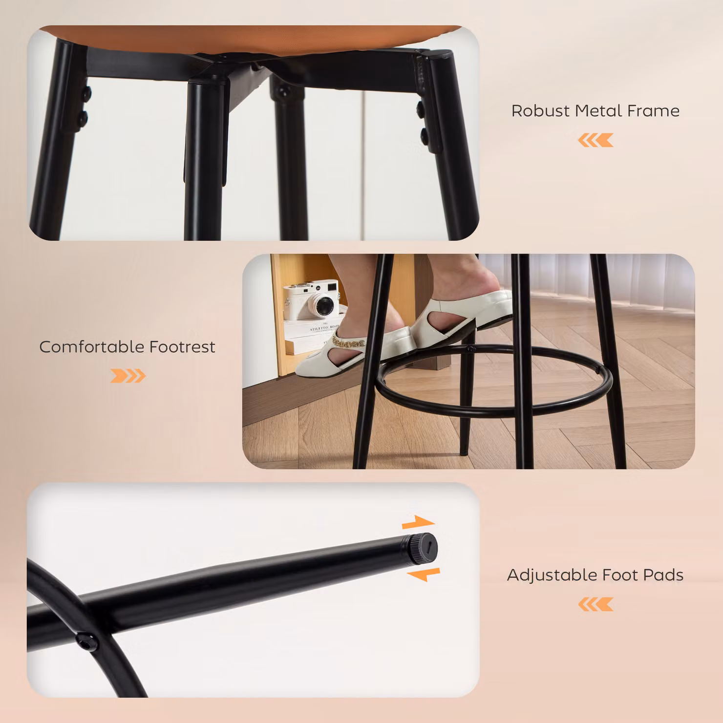 HOMCOM Set of Two Modern Faux Leather Bar Stools with Metal Legs in Brown and Black – 3