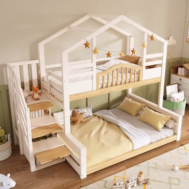 Matteo House-shaped Double Bunk Bed with Staircase Storage for Children in White – 1