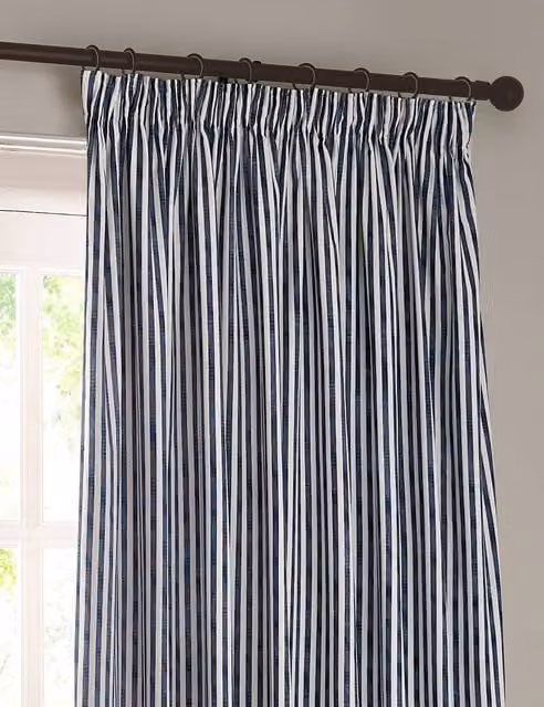 YARD Hebden Navy Blue Striped Semi-Transparent Cotton Pencil Pleat Curtains, H: 168 cm, W: 137 cm