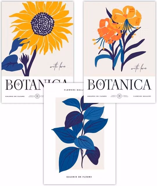 ARTZE Set of 3 Modern Floral Flower Market Art Posters in Yellow and Blue, W: 59 cm, H: 84 cm