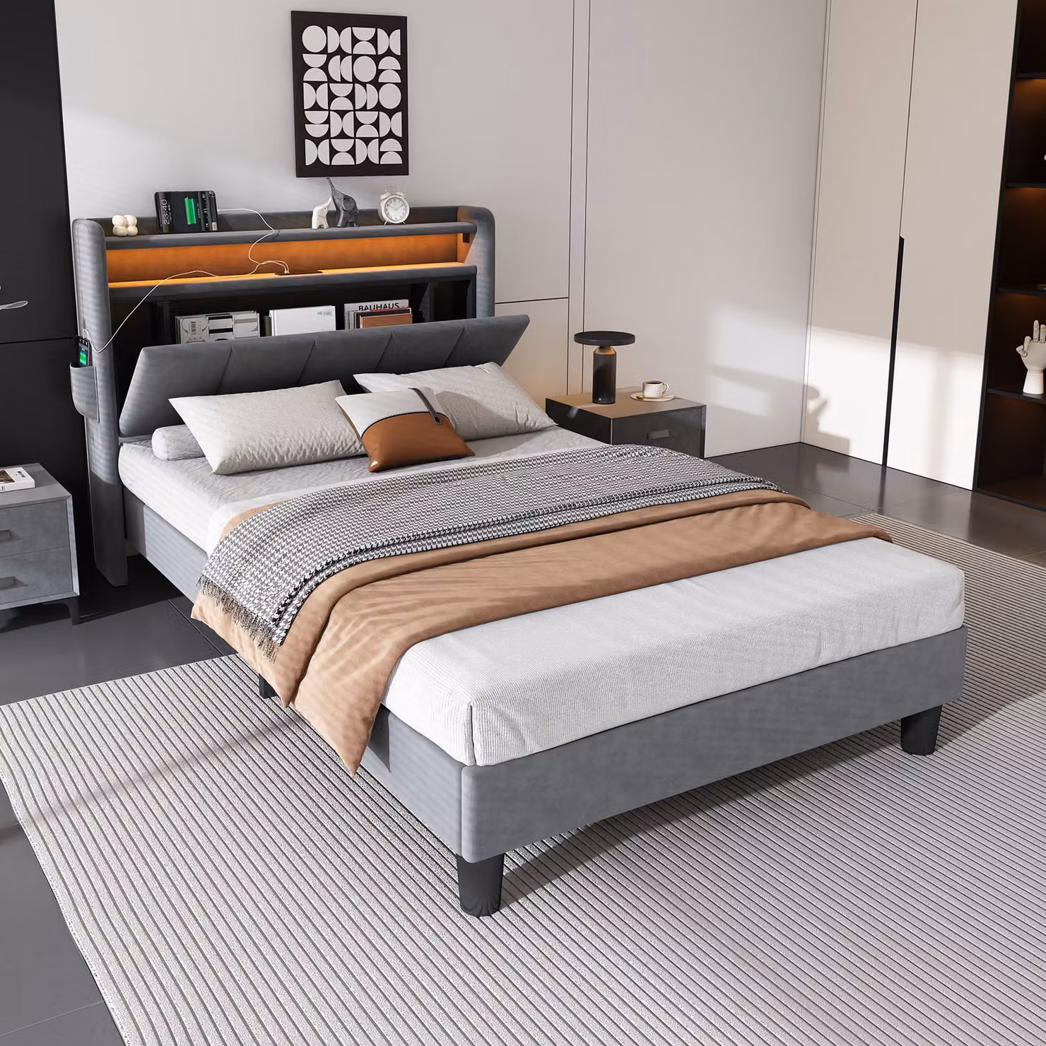 Aosom.UK Double Velvet Upholstered Ottoman Bed with LED Light, 4 USB Ports and Storage, Grey, H x W x D: 107 x 96 x 204 cm – 4