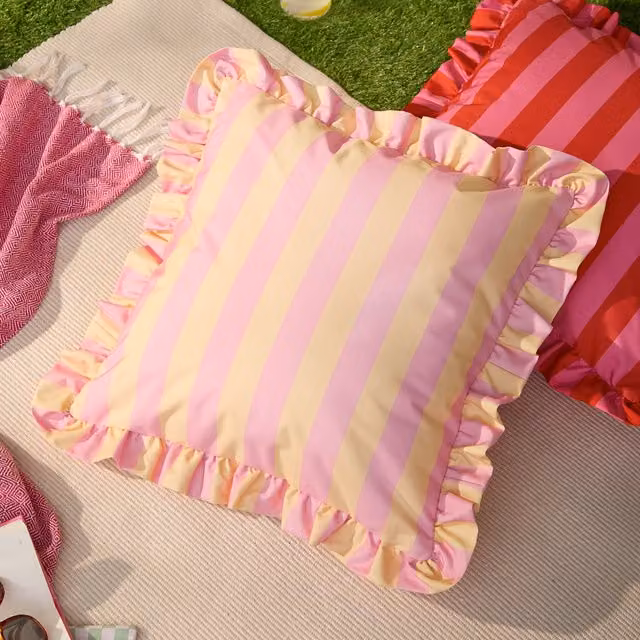 Furn Palm Royale Stripe Ruffle Printed Outdoor Filled Square Cushion, Pink and Yellow, W/D/H: 50 x 50 x 50 cm
