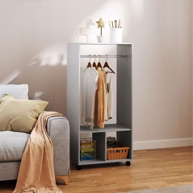 HOMCOM Modern Grey Open Wardrobe with Clothes Rail and Internal Shelves