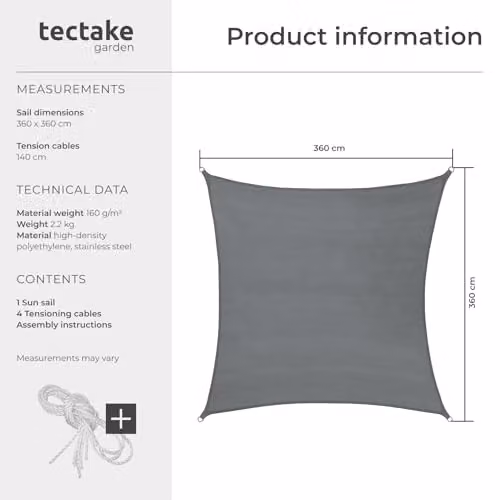 tectake Grey Square Sun Shade Sail with UPF 50+ UV Protection, W/D/H: 3.6 x 3.6 x 3.6 m, Breathable Polyethylene Fabric Canopy – 5