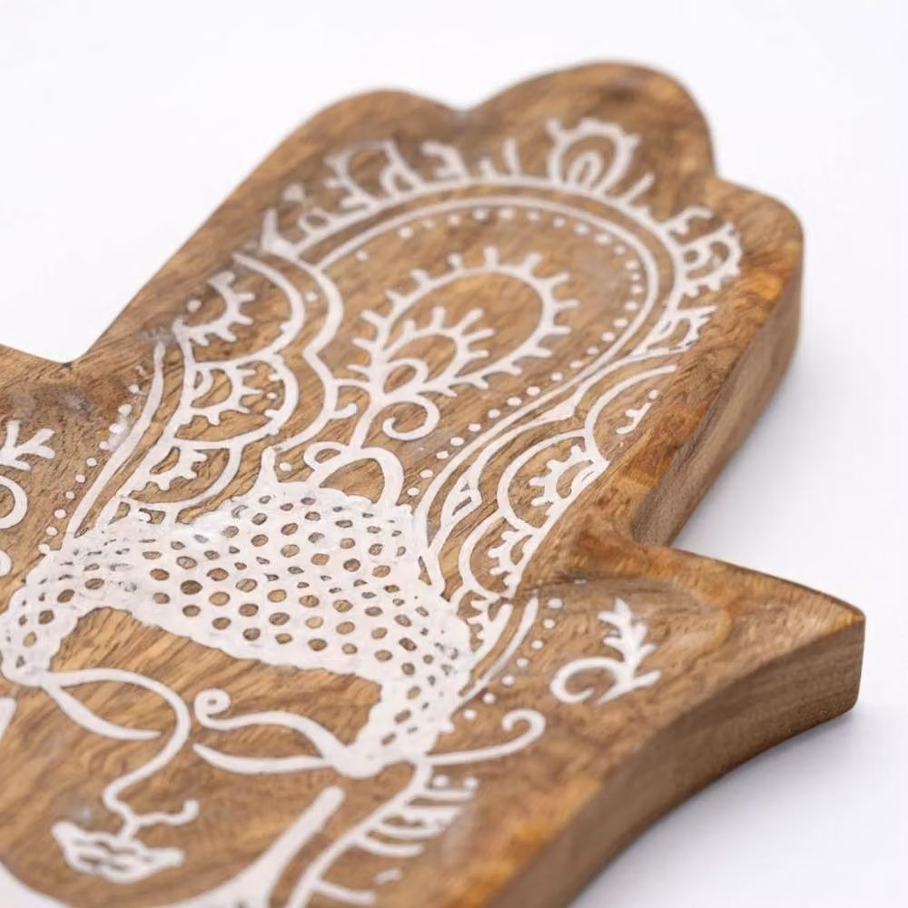 KDMD Hamsa & Buddha Whitewash Rectangular Wooden Tray in Brown and White, W: 30 cm, D: 20.5 cm – 2