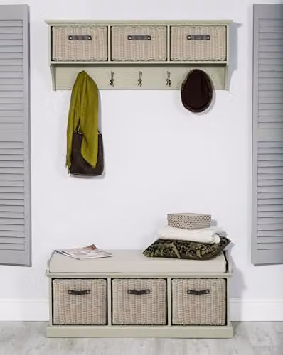 Statement Furniture Tetbury Large Wall Mounted Coat Rack with Hanging Shelf and 3 Brown Storage Baskets in Light Green – 2