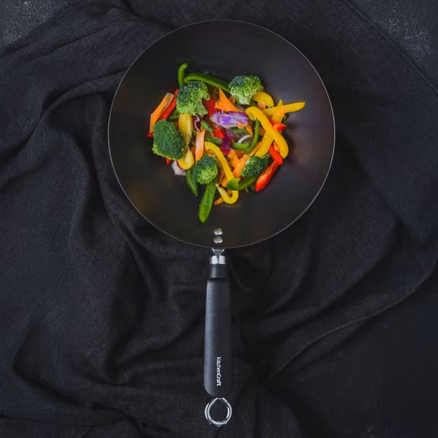 KitchenCraft Non-Stick Carbon Steel Wok, Black or Grey, 26.5 cm – 1