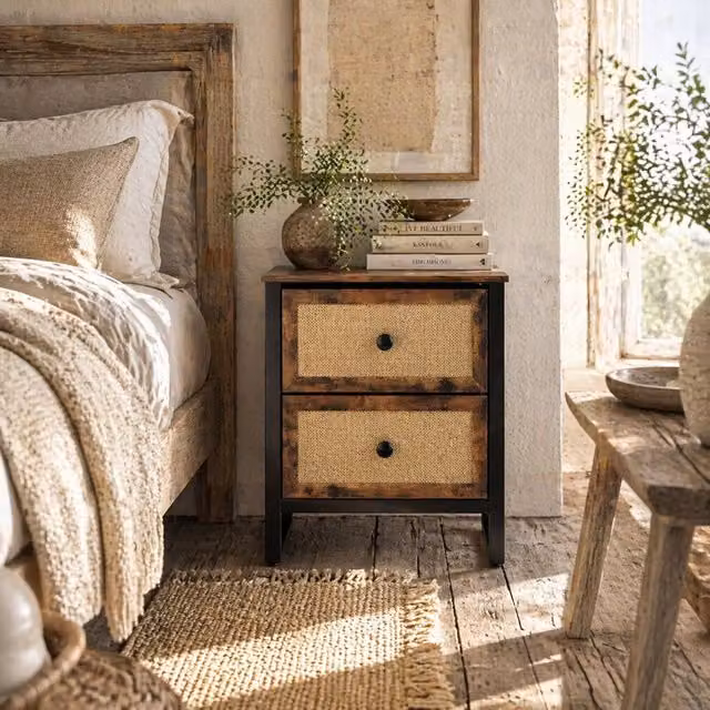 Wyld Haus Mata Coyo Rustic Brown Bedside Table with 2 Woven Drawers W/D/H: 30 x 30 x 60 cm – 1