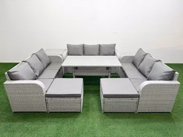 Fimous 11 Seater PE Rattan Outdoor Garden Furniture Set in Grey with Rectangular Dining Table, 3 Seater Sofa, 2 Big Footstools and Side Table