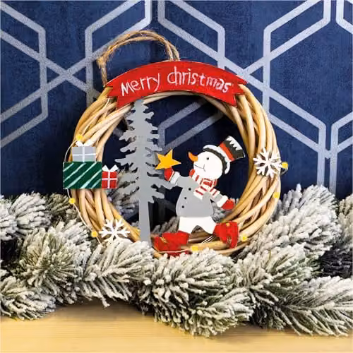 St Helens Home & Garden Battery Powered Multicolour Wicker Christmas Wreath with Snowman Design – 6