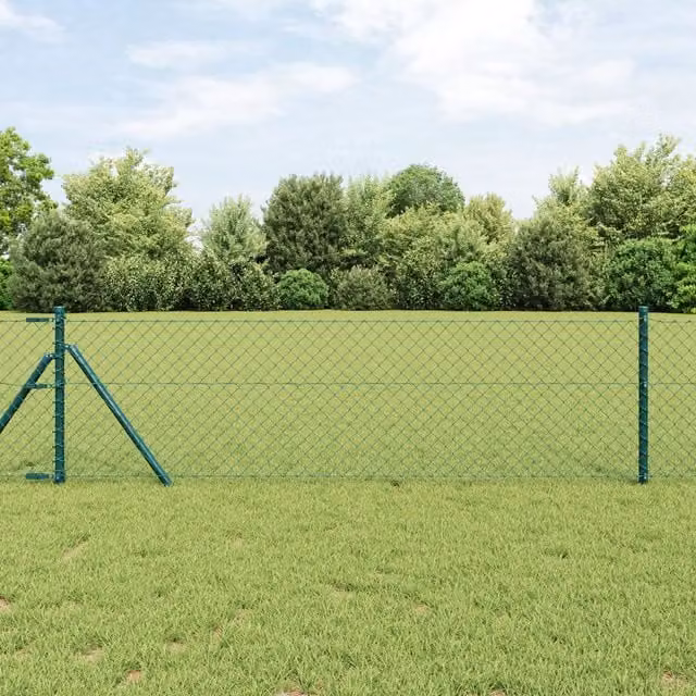 Berkfield Home Green Galvanised Steel Chain Link Fence with 13 Posts, W: 25 m, H: 0.4 m