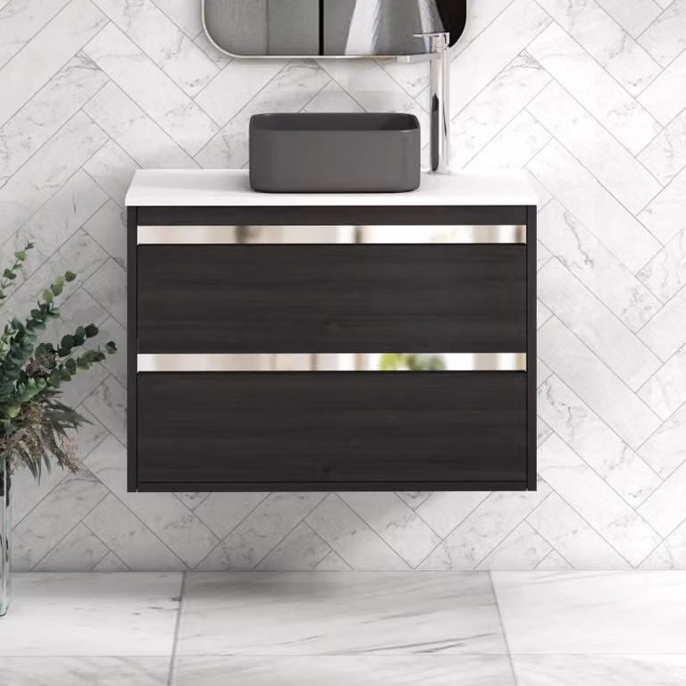 Royal Bathrooms Orion 800mm Hale Black Wall Hung Vanity Unit with Plain White Countertop, 2 Drawers, Art Square Basin and Chrome Accent Trim