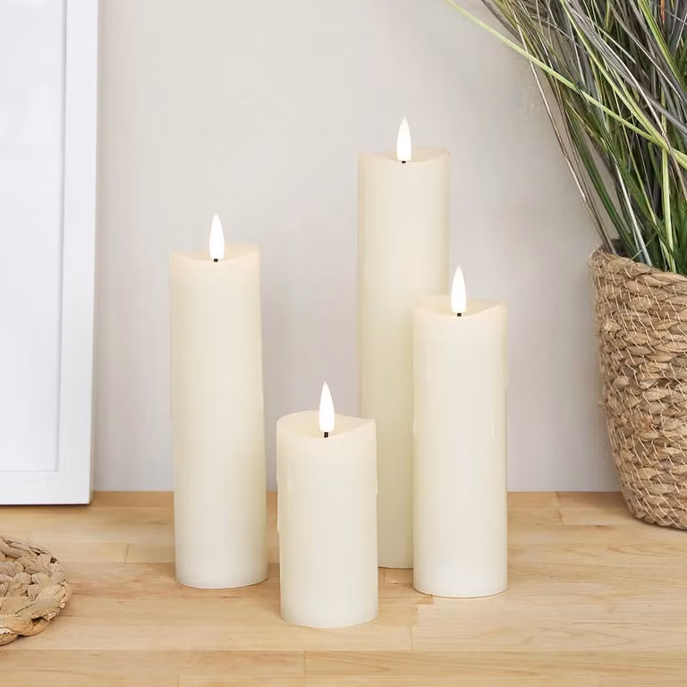 TruGlow® Set of 4 Ivory Dripping Wax LED Slim Pillar Candles with Remote Control and Timer